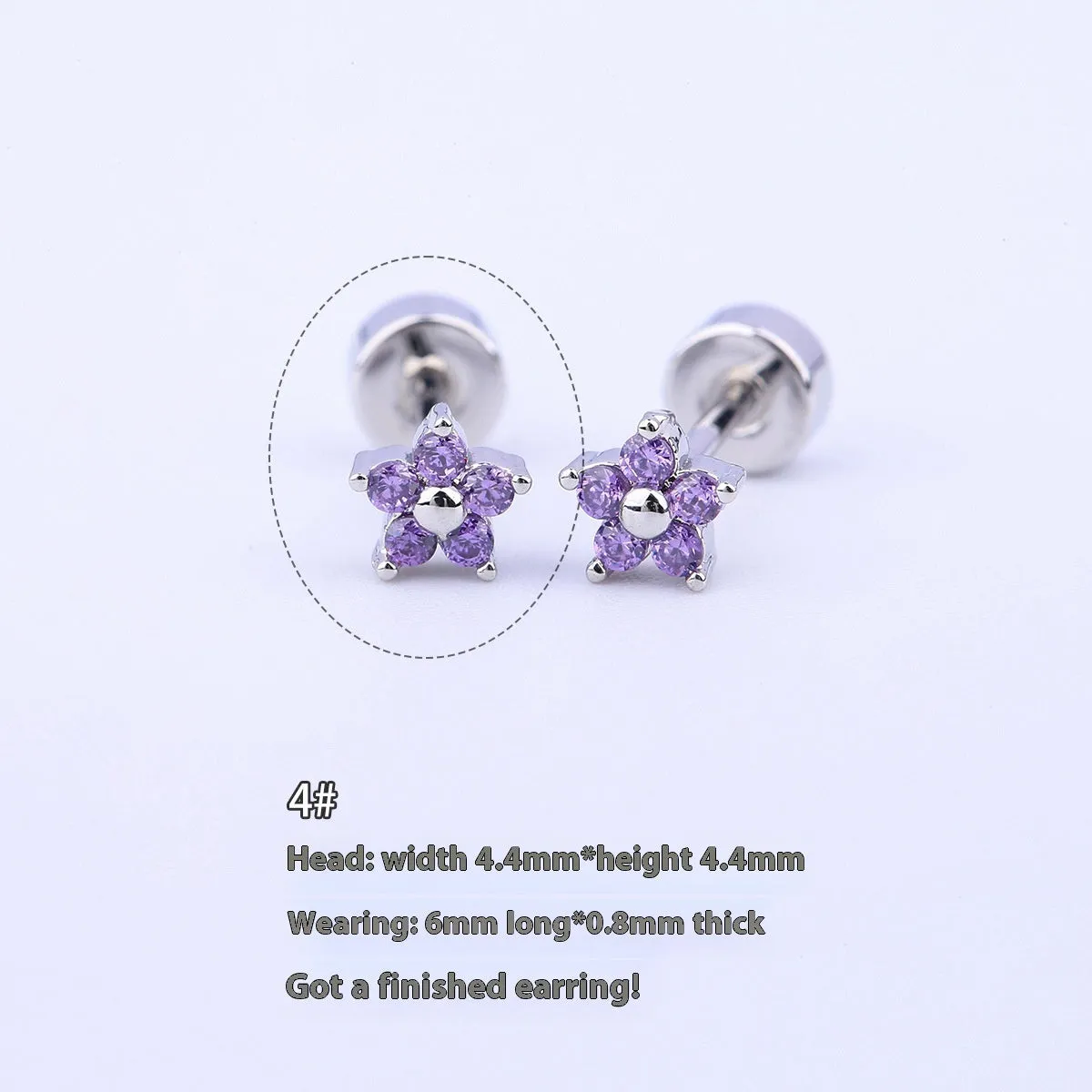 Titanium steel copper-plated gold micro inlaid zirconium five-petal plum flower ear studs in blue colour
