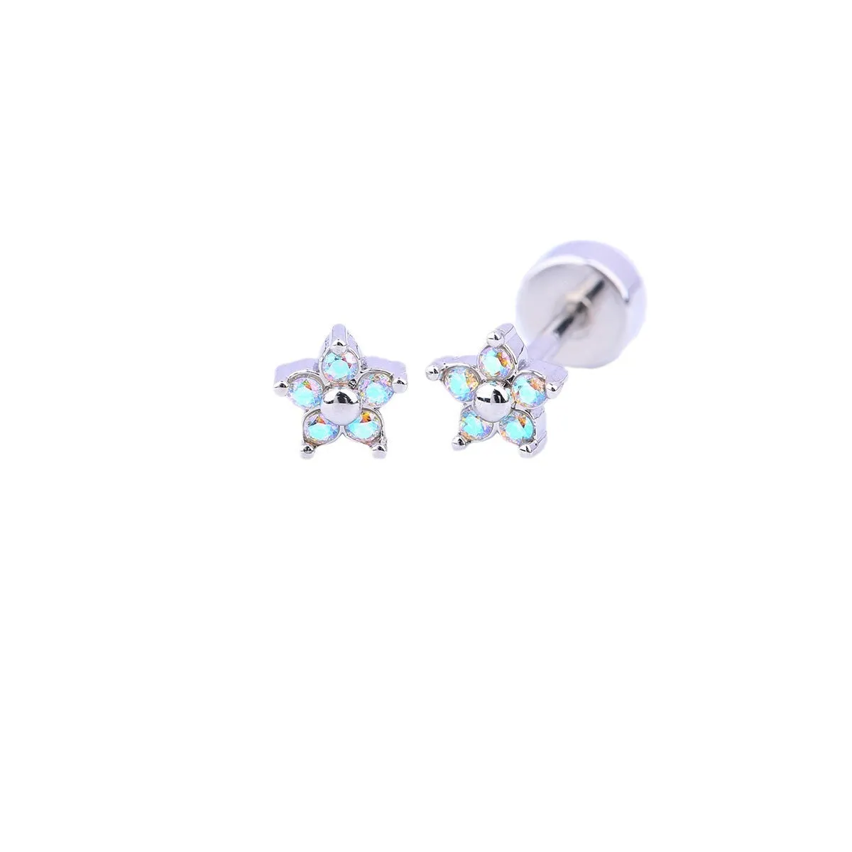 Titanium steel copper-plated gold micro inlaid zirconium five-petal plum flower ear studs in blue colour