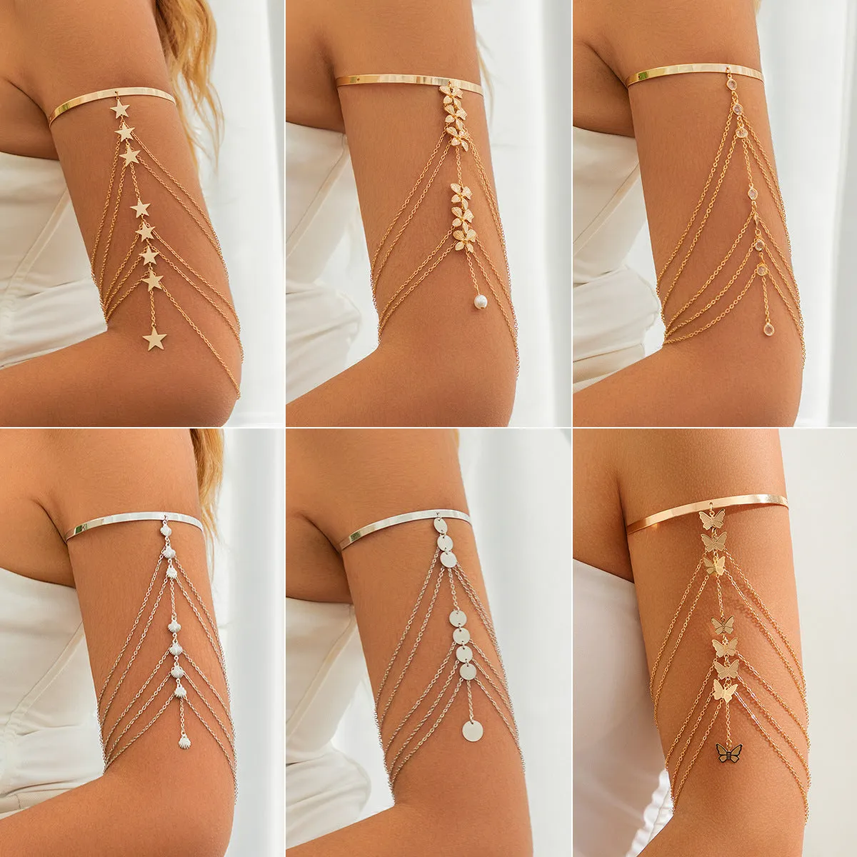 Ethnic style butterfly flower tassel arm chain bracelet in white k0315 with star shell details