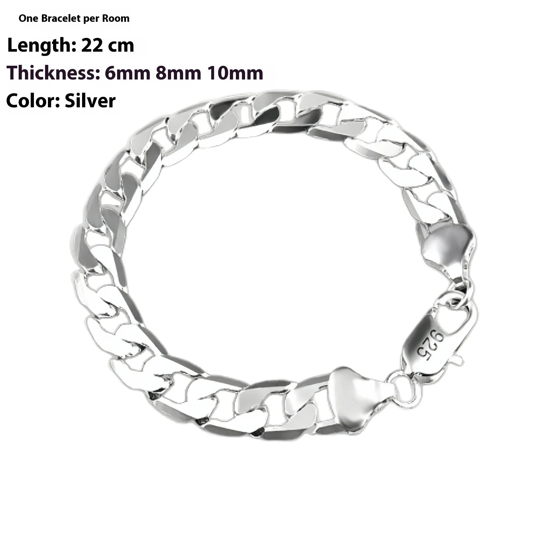 Silver-plated copper geometric bracelet on display, 22cm length, 10mm width, unisex style