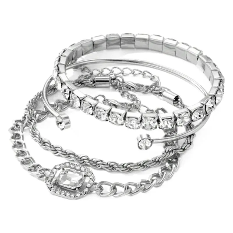 Retro geometric alloy four-piece jewellery set showing bracelet, earrings, necklace and ring with square diamond chain designs