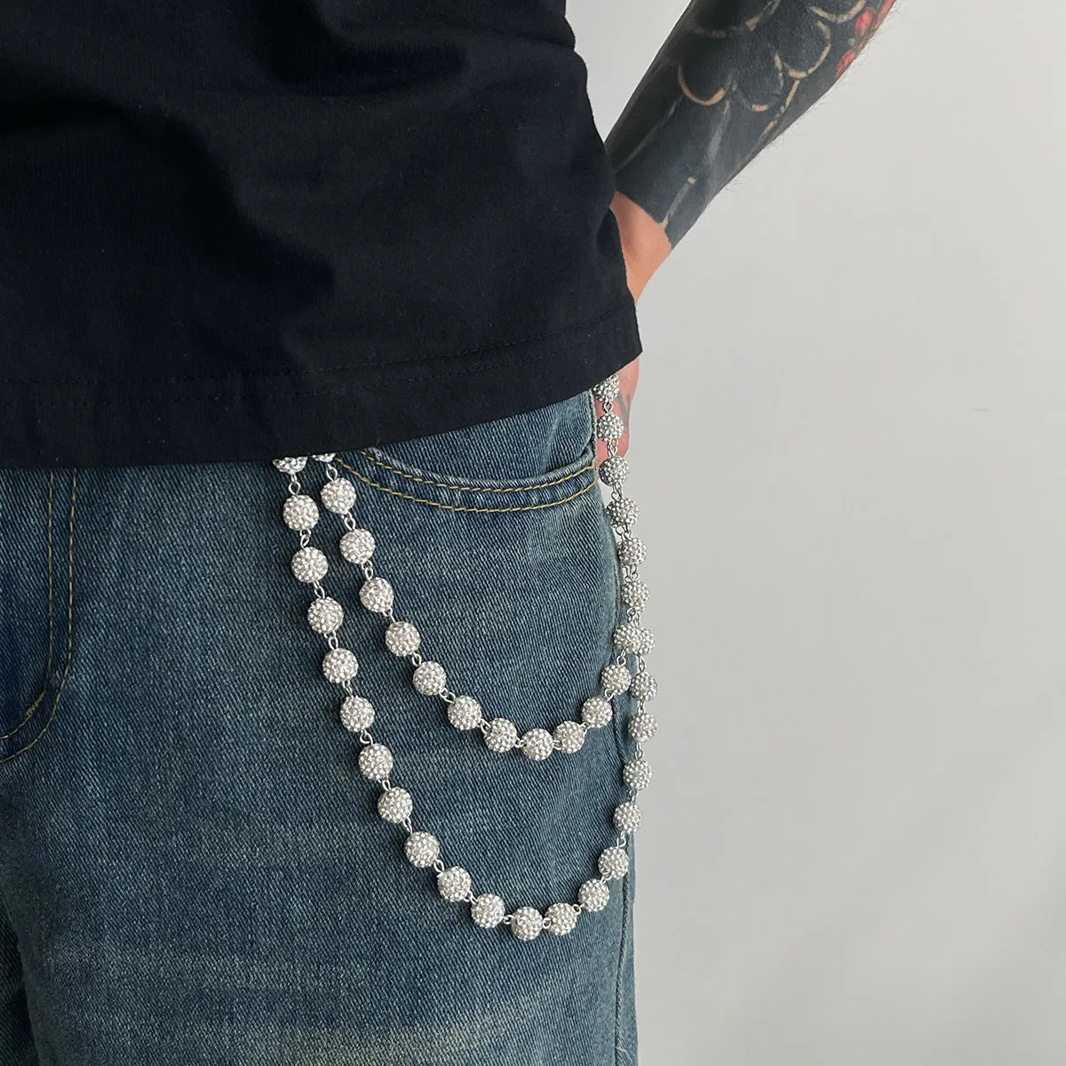 Hip hop niche waist chain alloy sphere pendant key ornament White K01748 front view