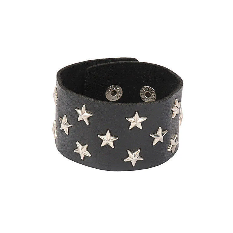 Black PU punk rivet bracelet with geometric shape on unisex wrist