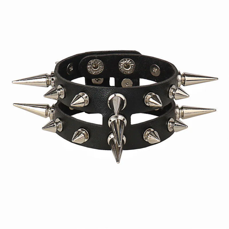 Black PU punk rivet bracelet with geometric shape on unisex wrist