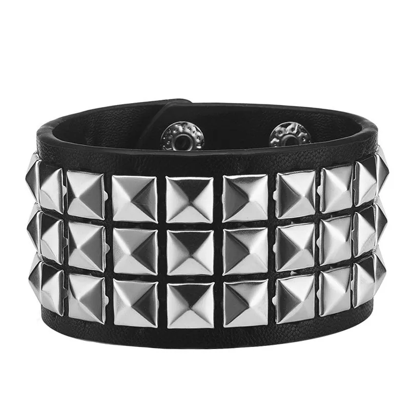 Black PU punk rivet bracelet with geometric shape on unisex wrist