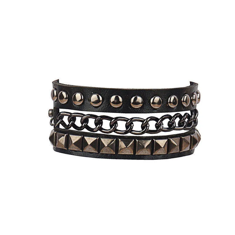 Black PU punk rivet bracelet with geometric shape on unisex wrist