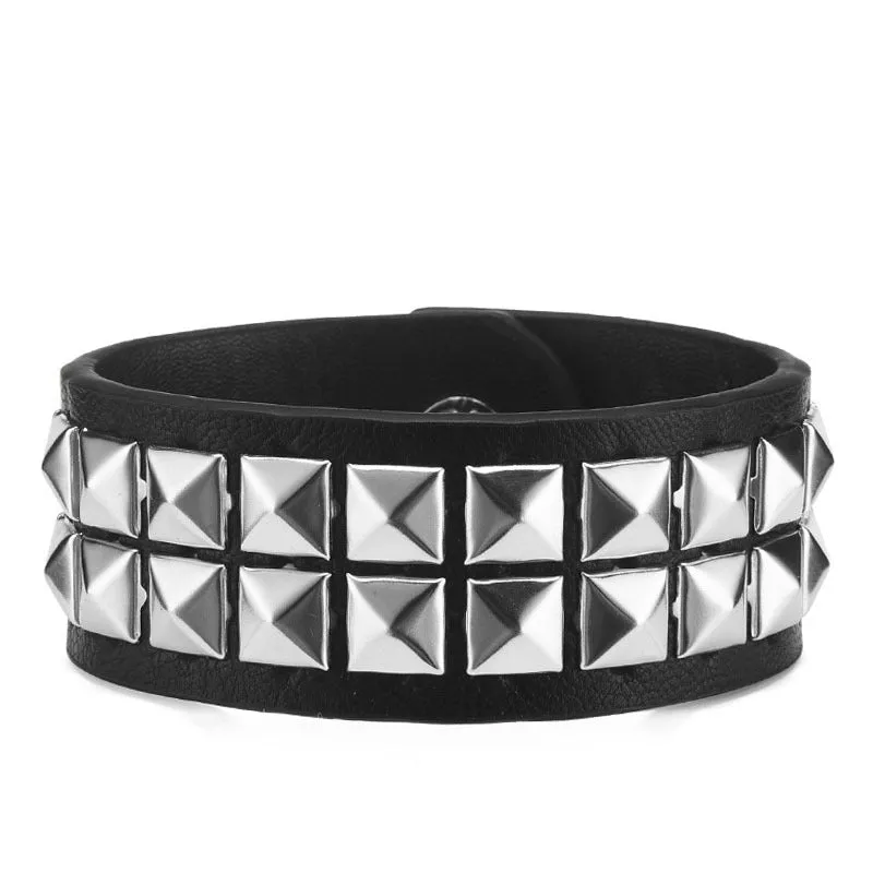 Black PU punk rivet bracelet with geometric shape on unisex wrist