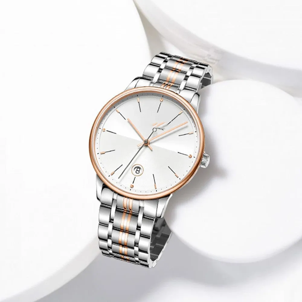 Men's 42mm mechanical watch with hollow movement, luminous dial, and stainless steel case on a white background