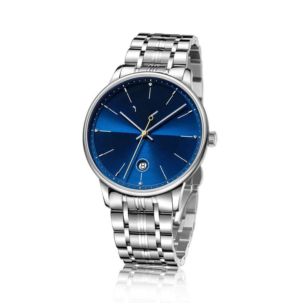 Men's 42mm mechanical watch with hollow movement, luminous dial, and stainless steel case on a white background