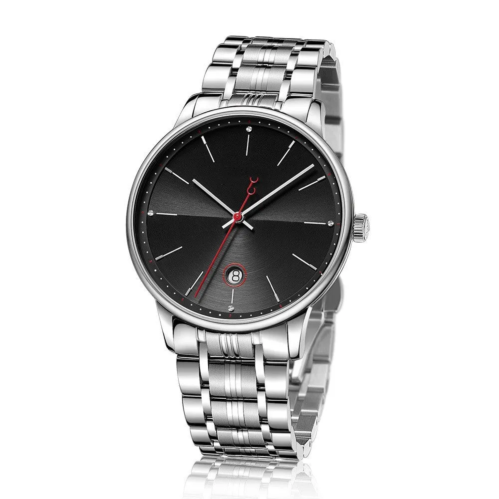 Men's 42mm mechanical watch with hollow movement, luminous dial, and stainless steel case on a white background