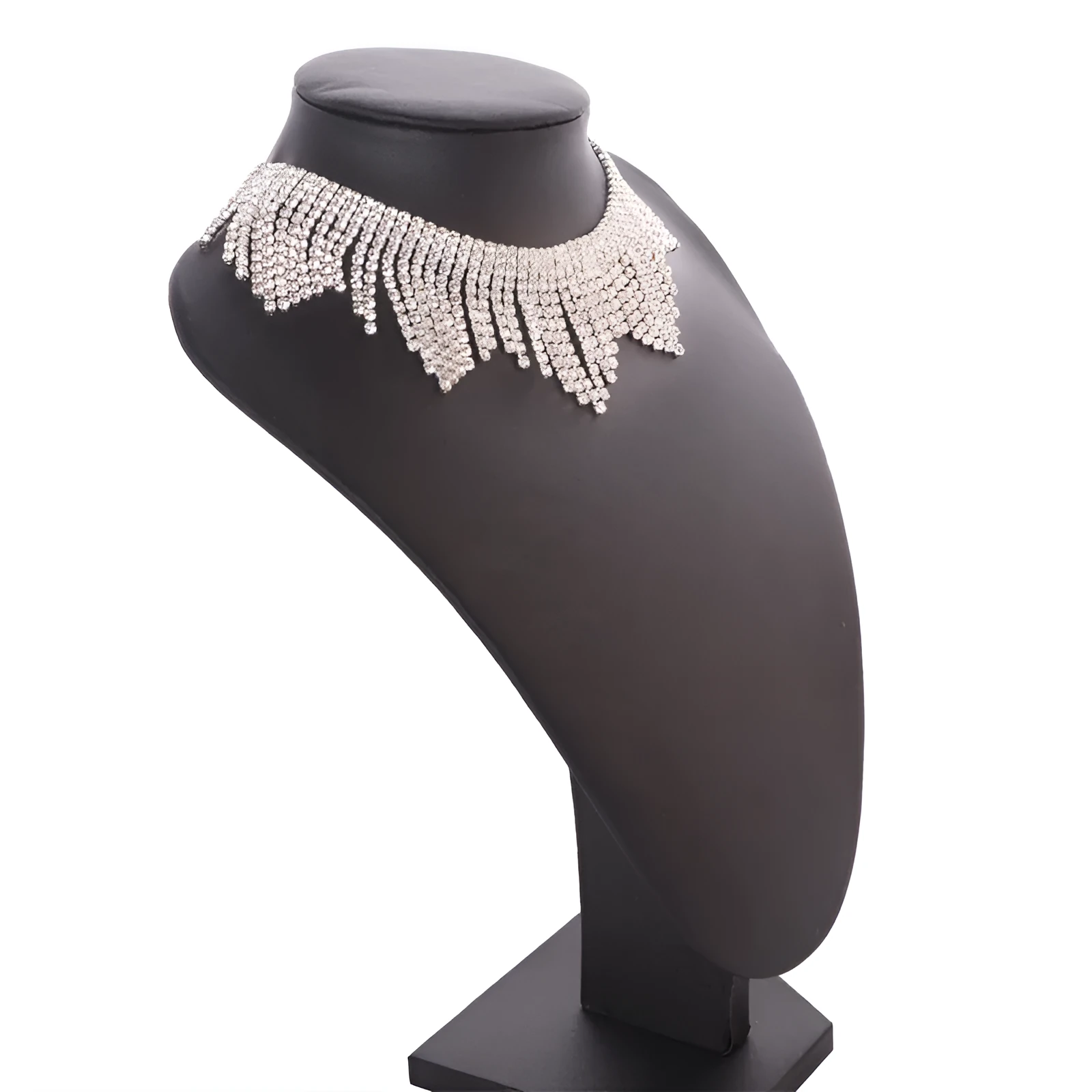 Alloy necklace with gold electroplated finish, geometric tassel pendant, diamond centre, box chain on white background