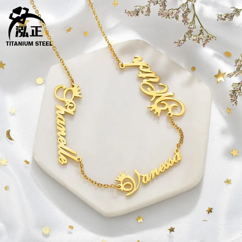 Custom name necklace stainless steel with titanium steel pendant engraved with two names gold finish