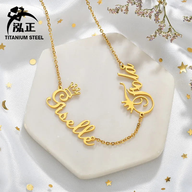 Custom name necklace stainless steel with titanium steel pendant engraved with two names gold finish