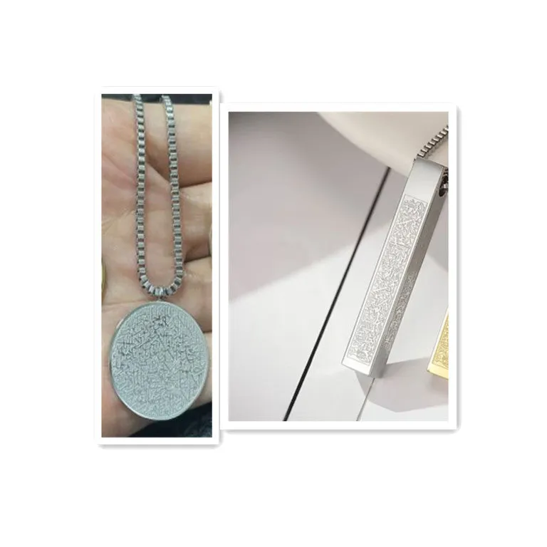 Polished stainless steel Arabic disc necklace and bracelet set in gold finish on white background