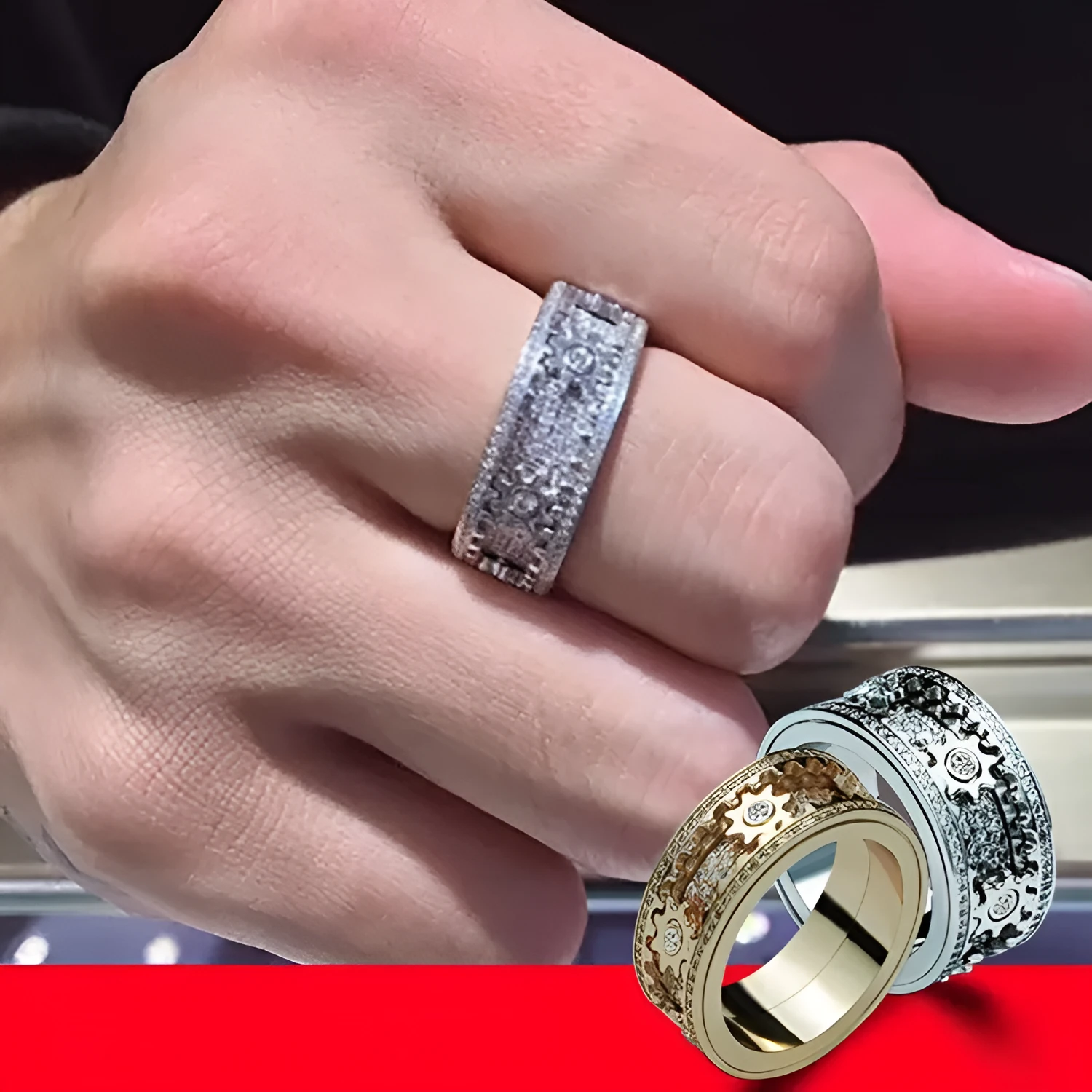 Unisex alloy ring with gypsophila inlaid diamond gear rotating design, white gold finish, size 10
