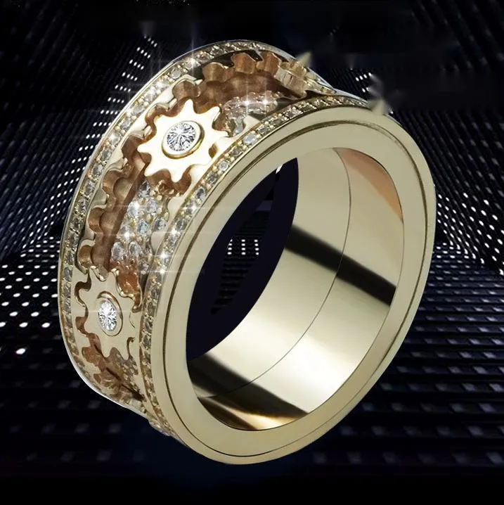 Unisex alloy ring with gypsophila inlaid diamond gear rotating design, white gold finish, size 10