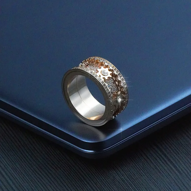 Unisex alloy ring with gypsophila inlaid diamond gear rotating design, white gold finish, size 10