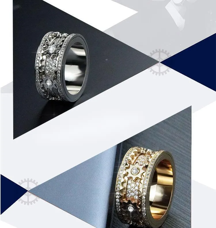 Unisex alloy ring with gypsophila inlaid diamond gear rotating design, white gold finish, size 10
