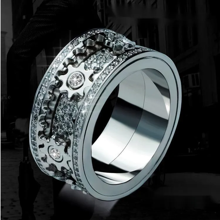 Unisex alloy ring with gypsophila inlaid diamond gear rotating design, white gold finish, size 10