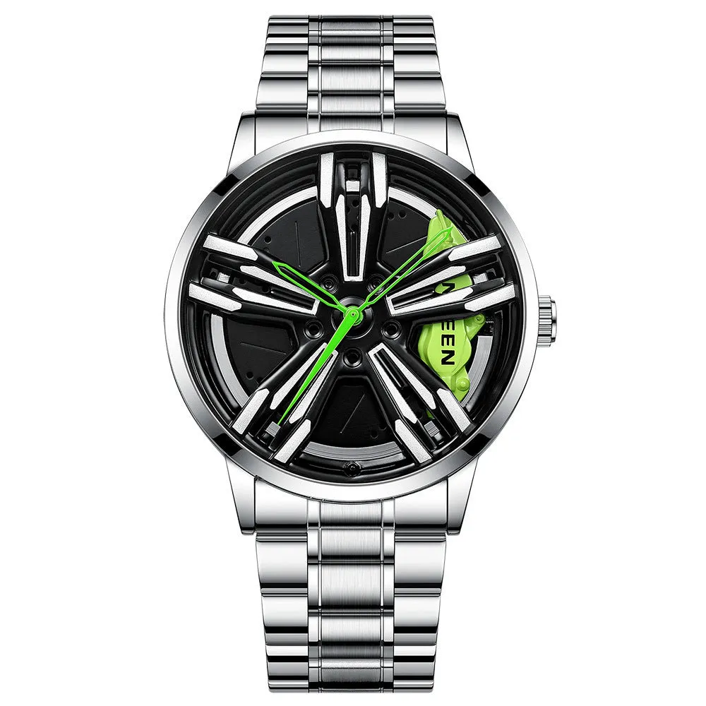 Locomotive men's quartz watch with hollow car wheel dial, black steel case, and white steel band on a wrist.