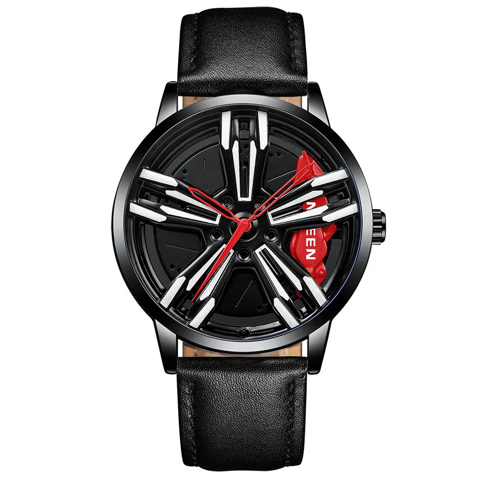 Locomotive men's quartz watch with hollow car wheel dial, black steel case, and white steel band on a wrist.