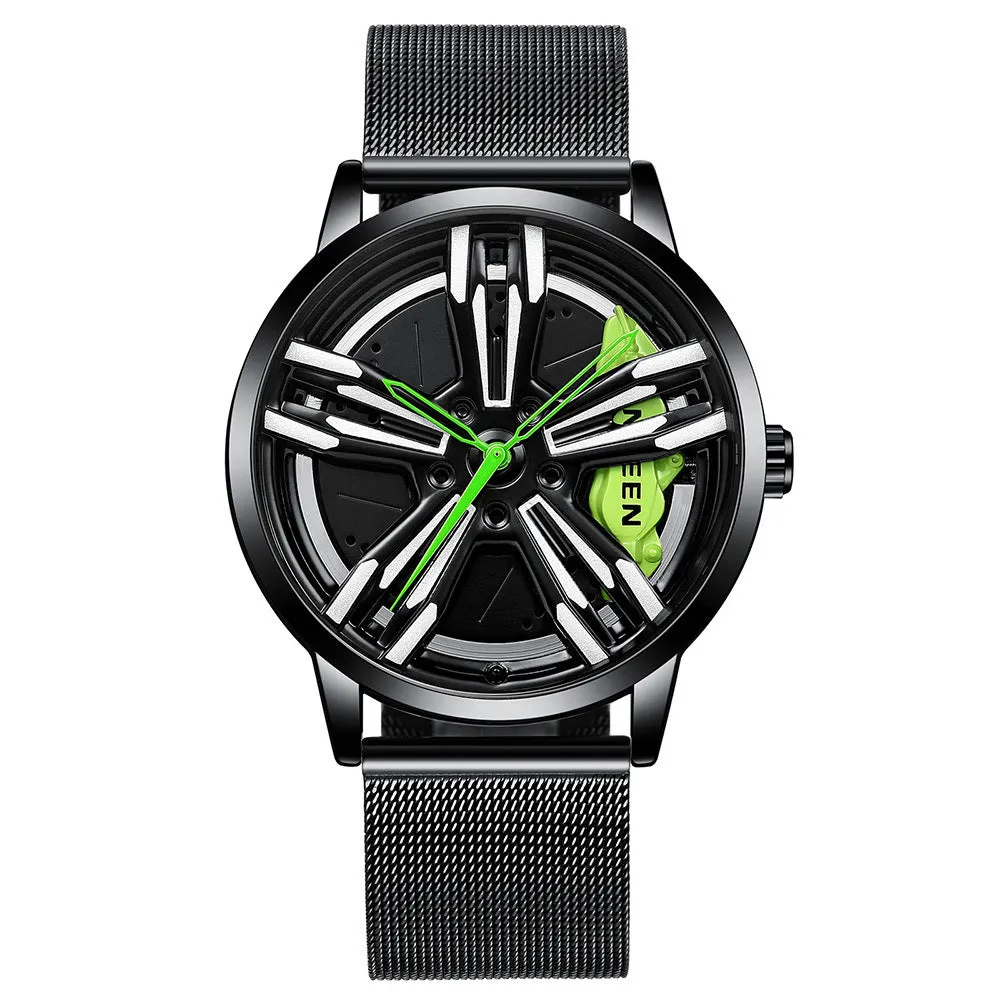 Locomotive men's quartz watch with hollow car wheel dial, black steel case, and white steel band on a wrist.