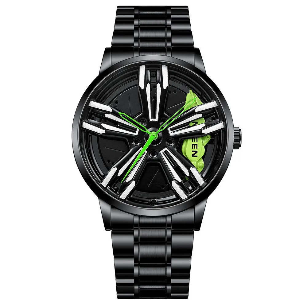 Locomotive men's quartz watch with hollow car wheel dial, black steel case, and white steel band on a wrist.