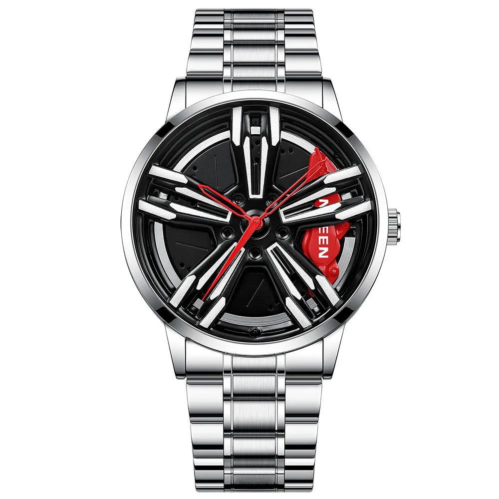 Locomotive men's quartz watch with hollow car wheel dial, black steel case, and white steel band on a wrist.
