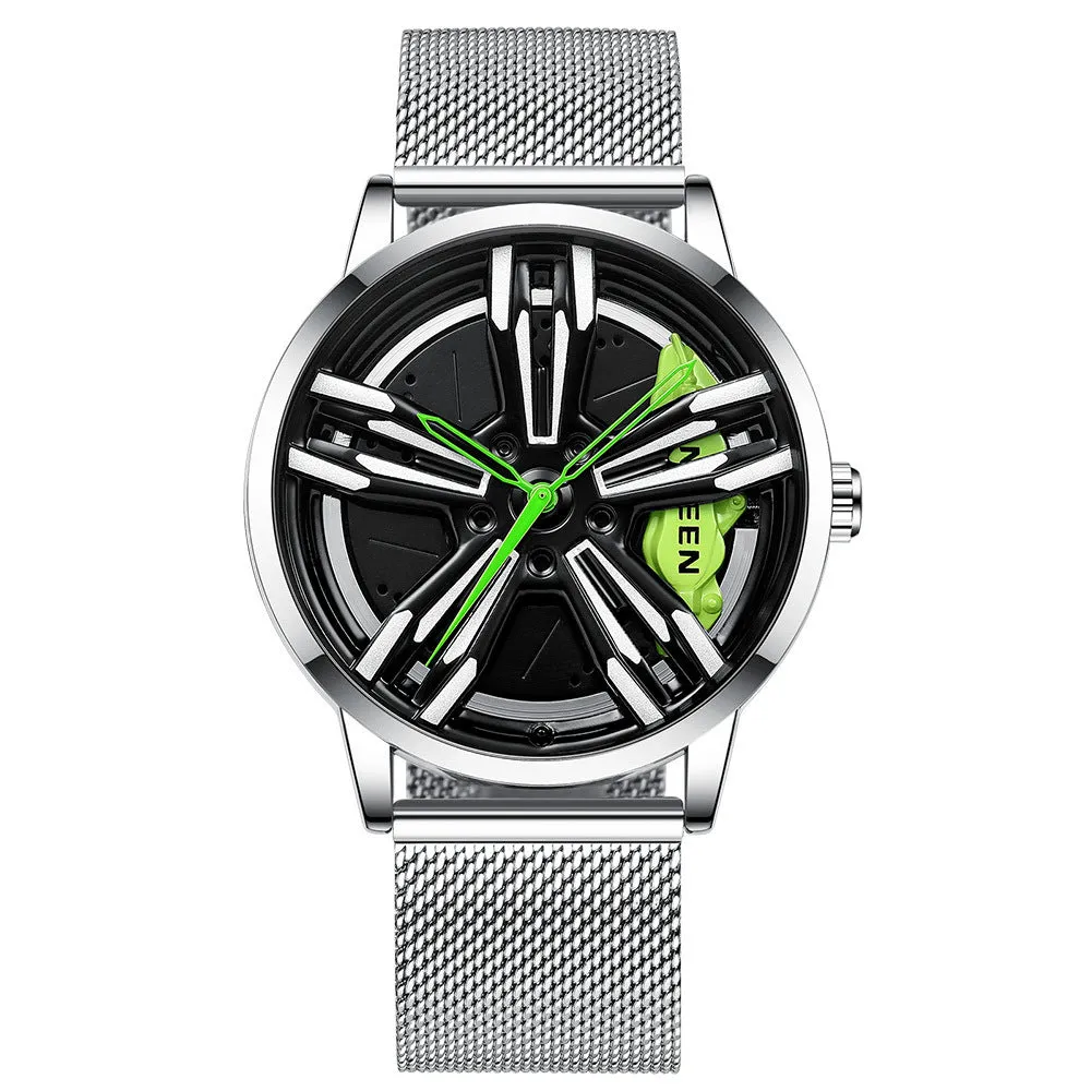 Locomotive men's quartz watch with hollow car wheel dial, black steel case, and white steel band on a wrist.