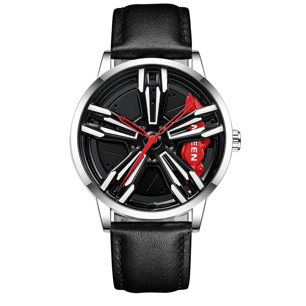 Locomotive men's quartz watch with hollow car wheel dial, black steel case, and white steel band on a wrist.