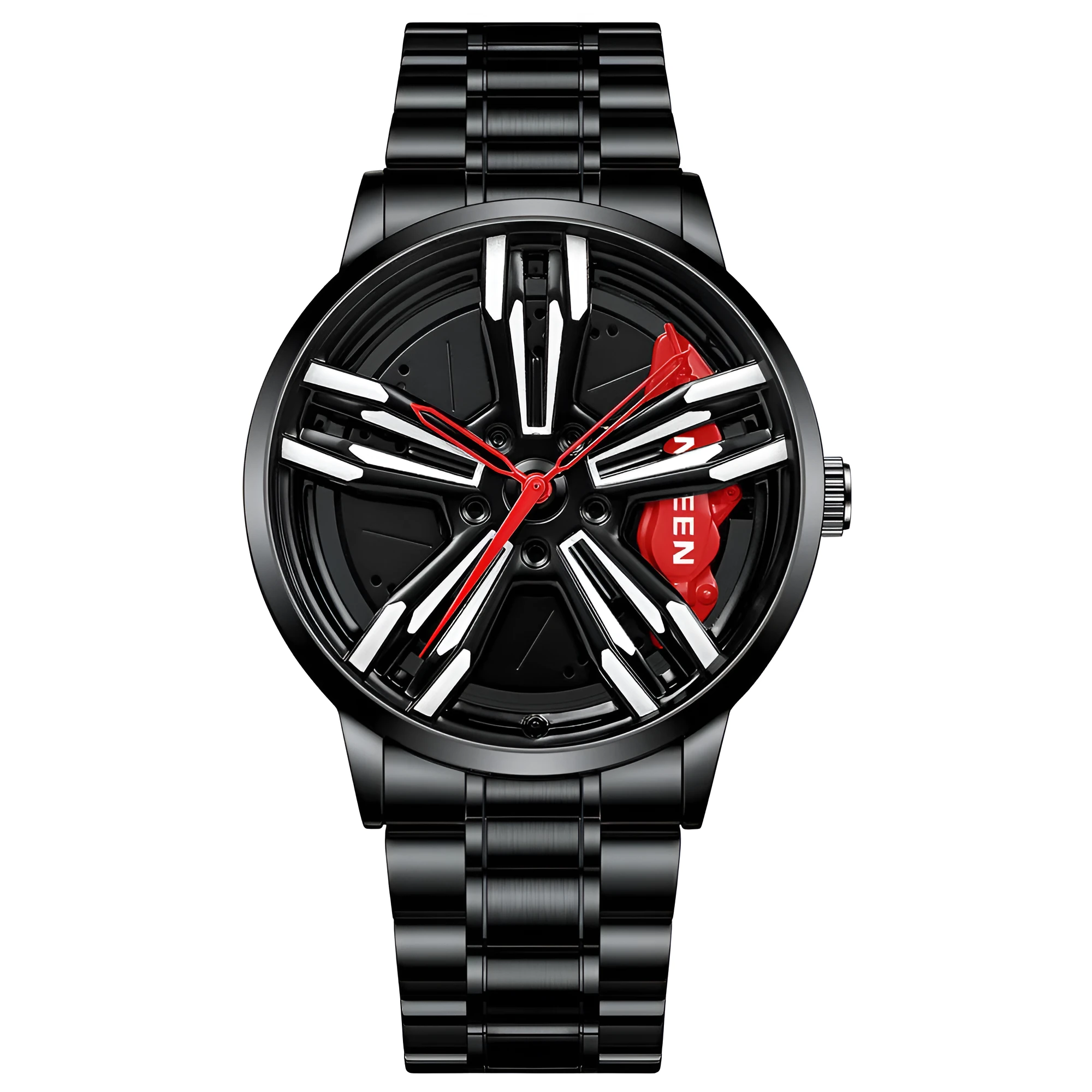 Locomotive men's quartz watch with hollow car wheel dial, black steel case, and white steel band on a wrist.