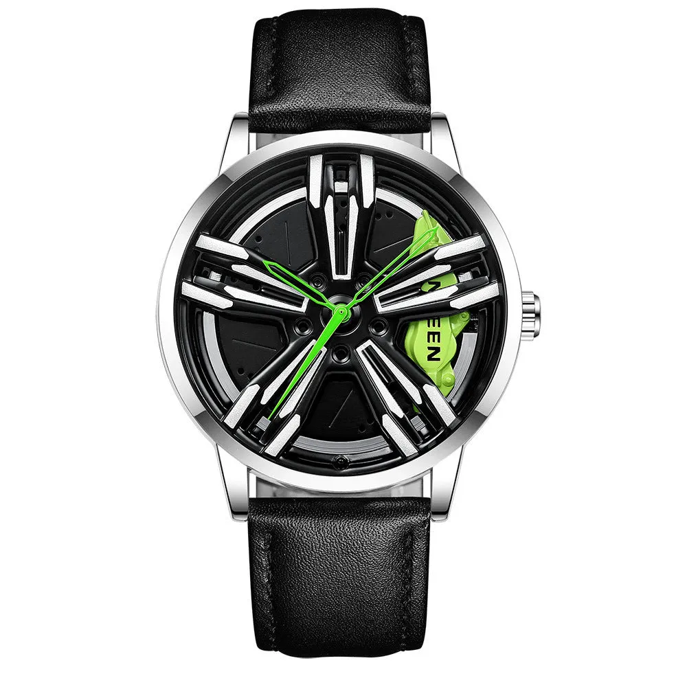 Locomotive men's quartz watch with hollow car wheel dial, black steel case, and white steel band on a wrist.