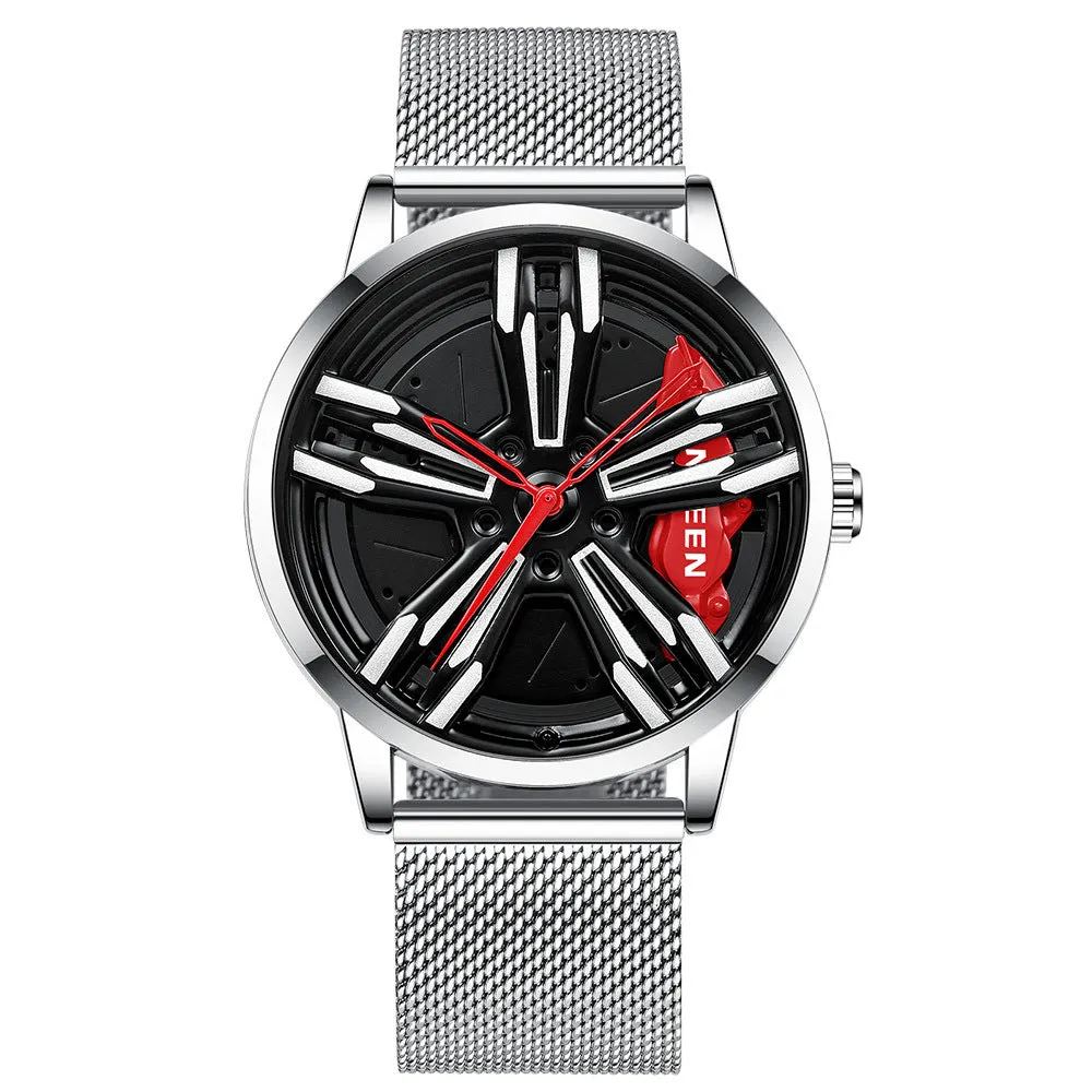 Locomotive men's quartz watch with hollow car wheel dial, black steel case, and white steel band on a wrist.