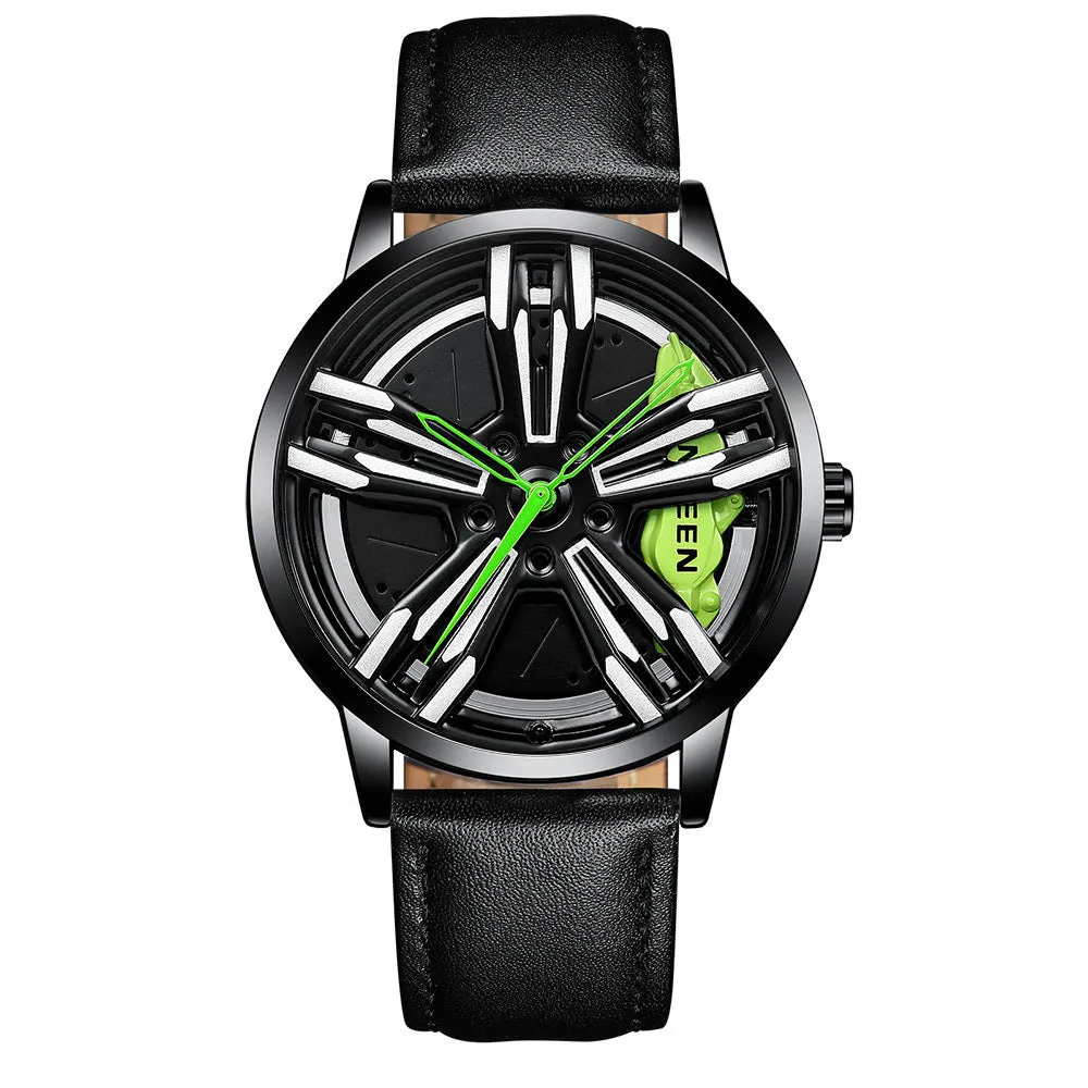 Locomotive men's quartz watch with hollow car wheel dial, black steel case, and white steel band on a wrist.