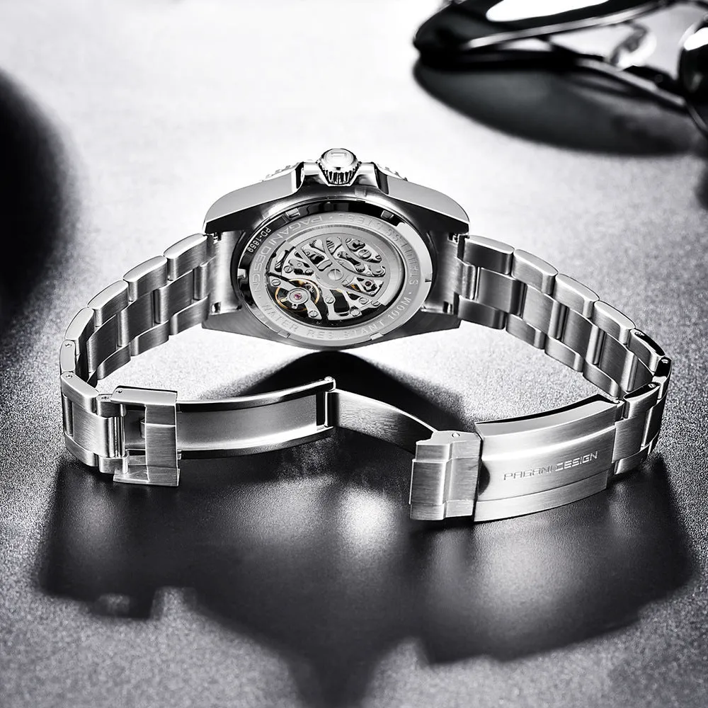 PAGANI steel band mechanical watch with luminous dial showing 43mm diameter