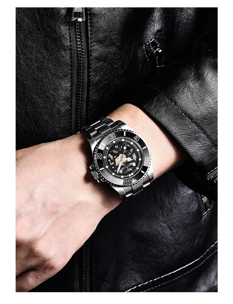 PAGANI steel band mechanical watch with luminous dial showing 43mm diameter