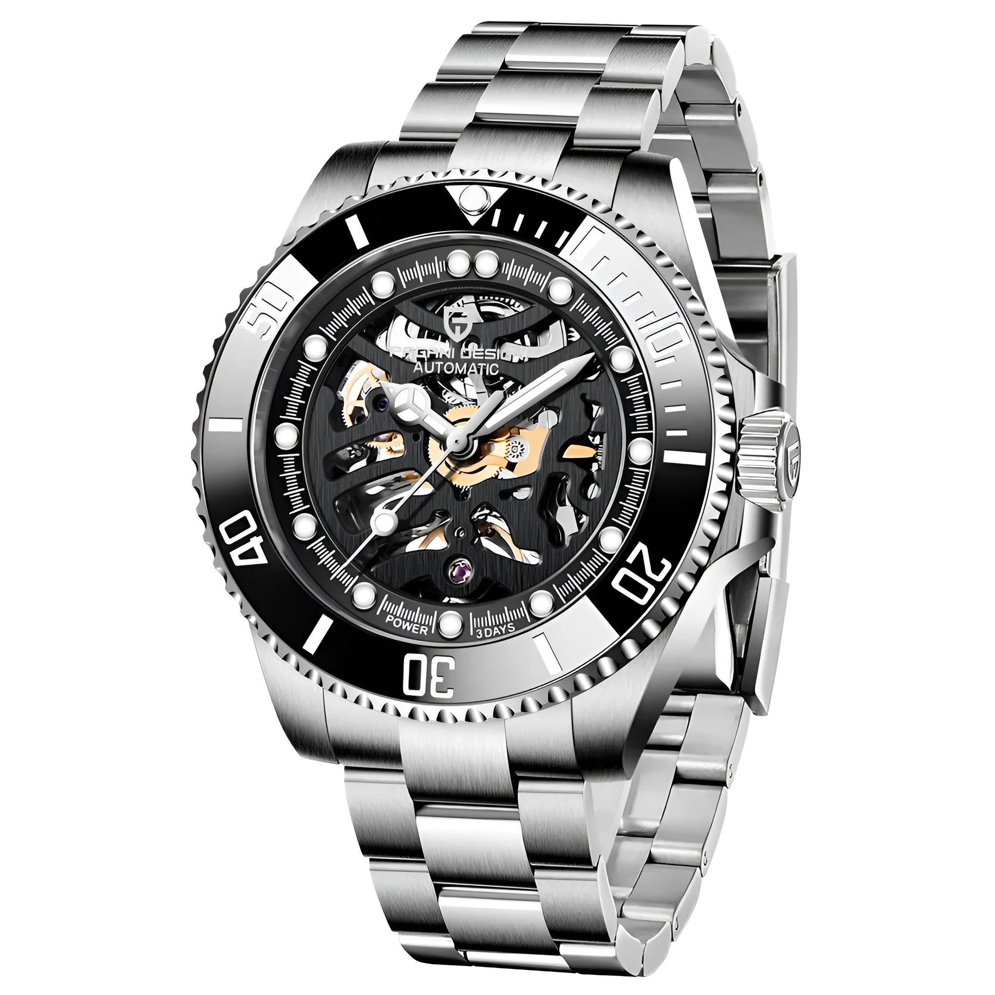 PAGANI steel band mechanical watch with luminous dial showing 43mm diameter