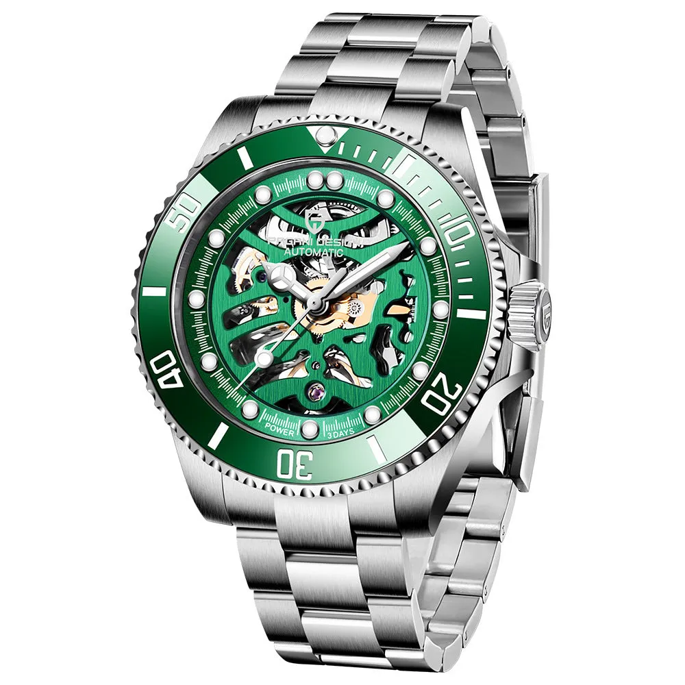 PAGANI steel band mechanical watch with luminous dial showing 43mm diameter