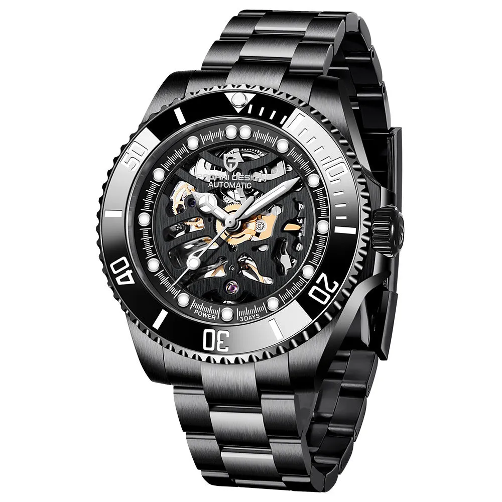 PAGANI steel band mechanical watch with luminous dial showing 43mm diameter