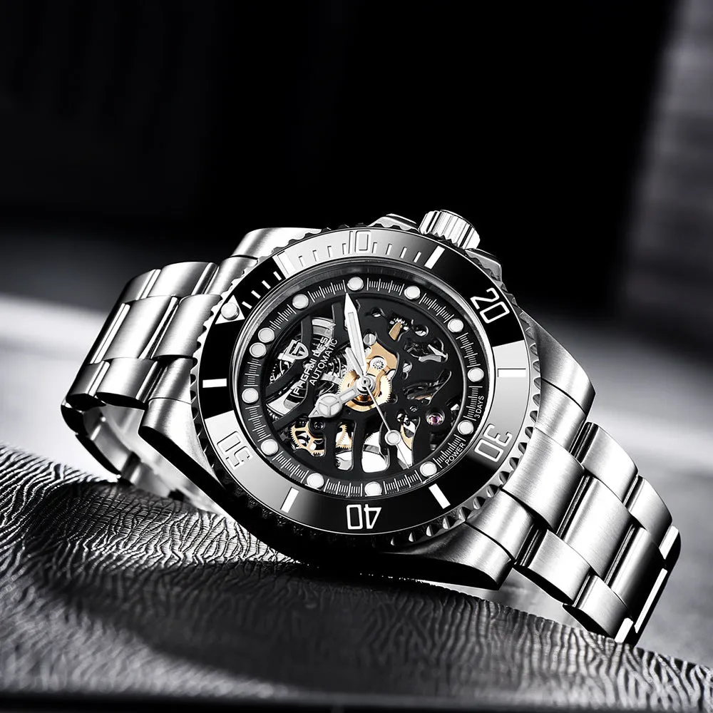 PAGANI steel band mechanical watch with luminous dial showing 43mm diameter