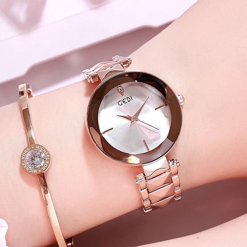 Women's fashion round watch with alloy strap, 33mm dial, available in rose gold shell and bright purple options