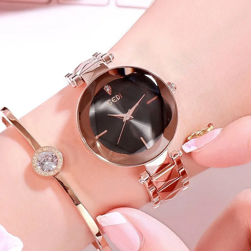 Women's fashion round watch with alloy strap, 33mm dial, available in rose gold shell and bright purple options