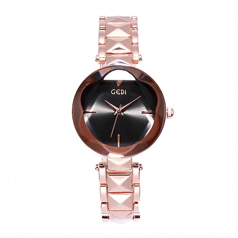 Women's fashion round watch with alloy strap, 33mm dial, available in rose gold shell and bright purple options