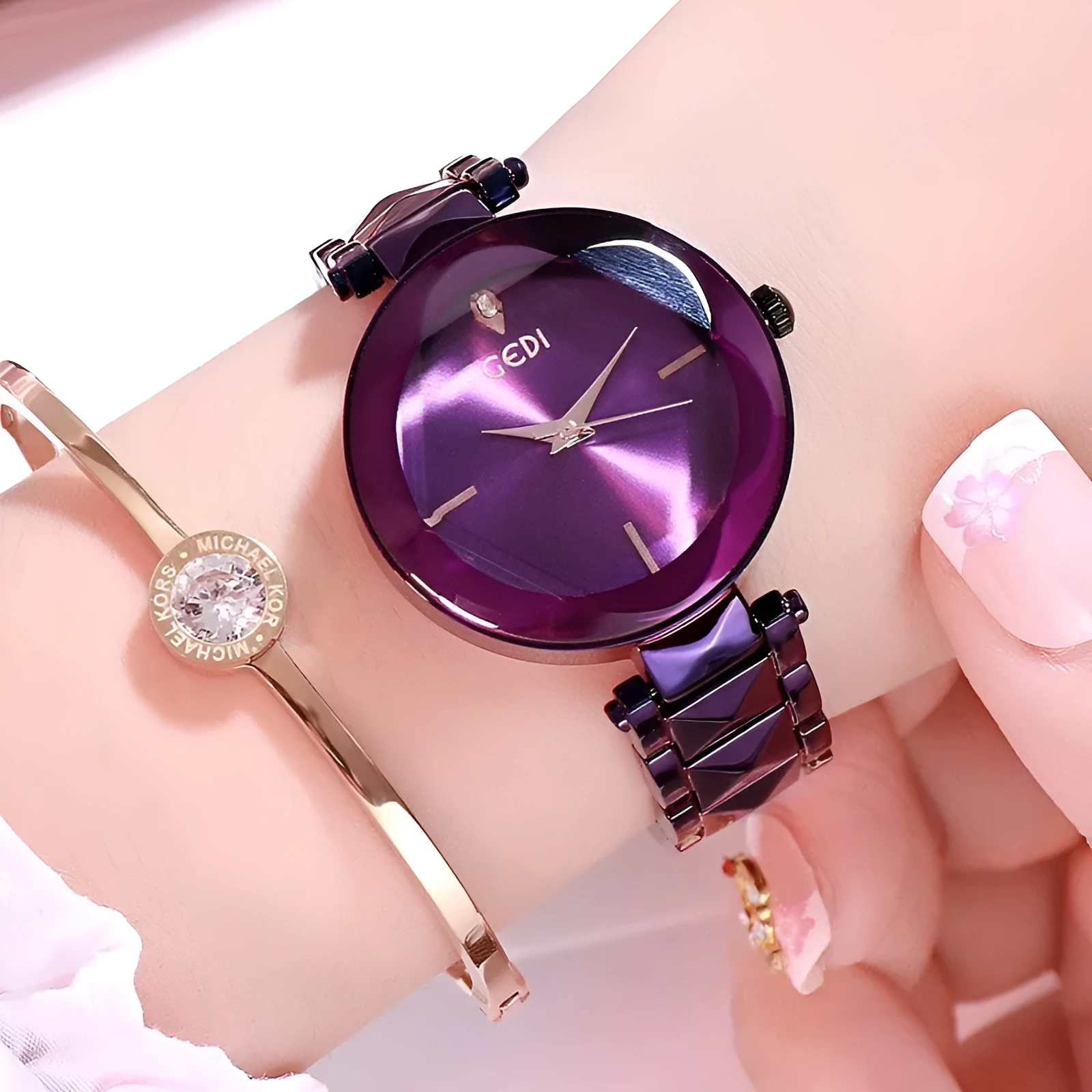 Women's fashion round watch with alloy strap, 33mm dial, available in rose gold shell and bright purple options