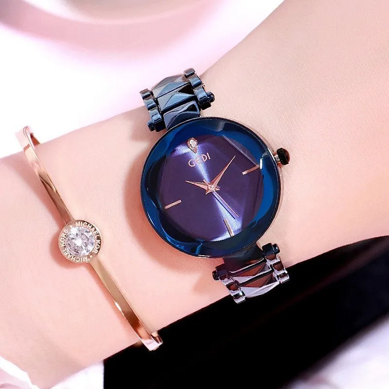 Women's fashion round watch with alloy strap, 33mm dial, available in rose gold shell and bright purple options