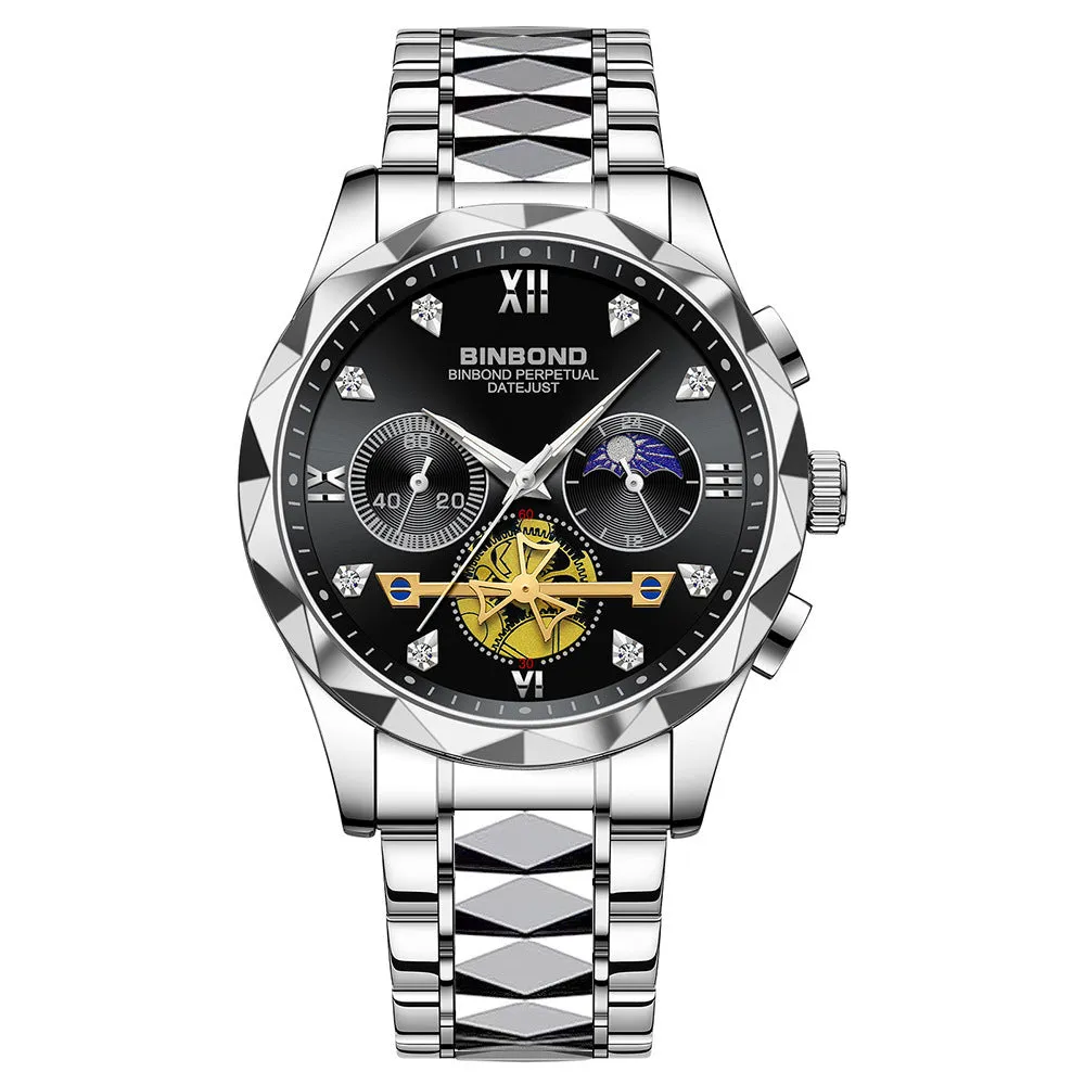 Men's casual quartz watch with round stainless steel case and strap, white dial, black bezel, 11mm thick
