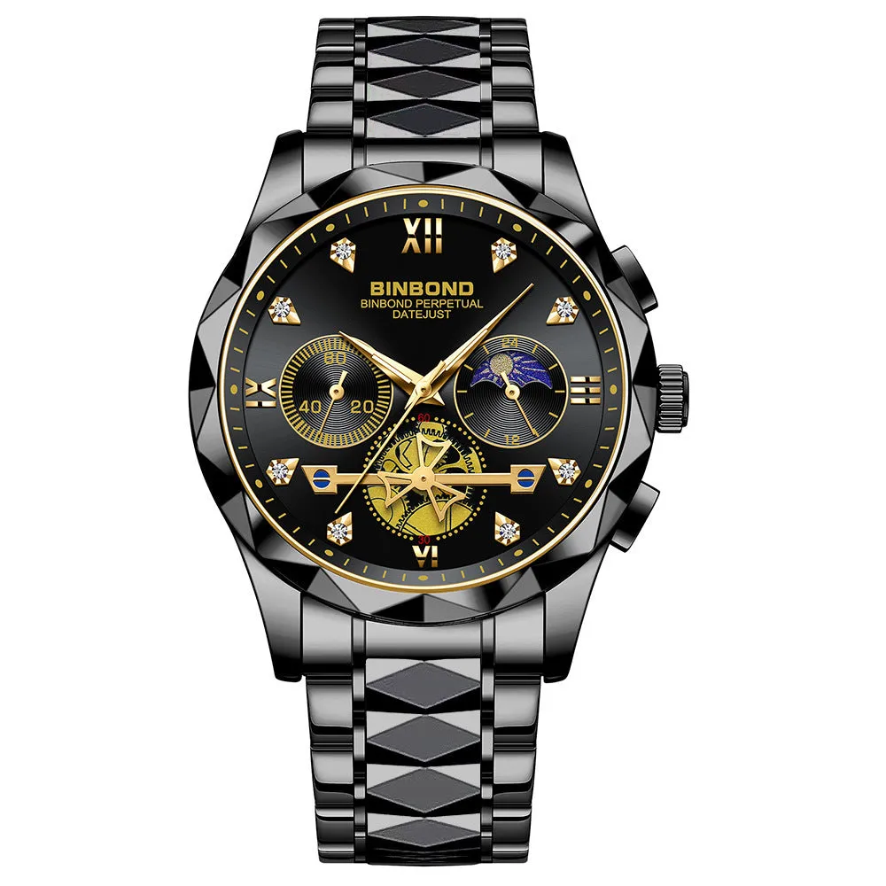 Men's casual quartz watch with round stainless steel case and strap, white dial, black bezel, 11mm thick