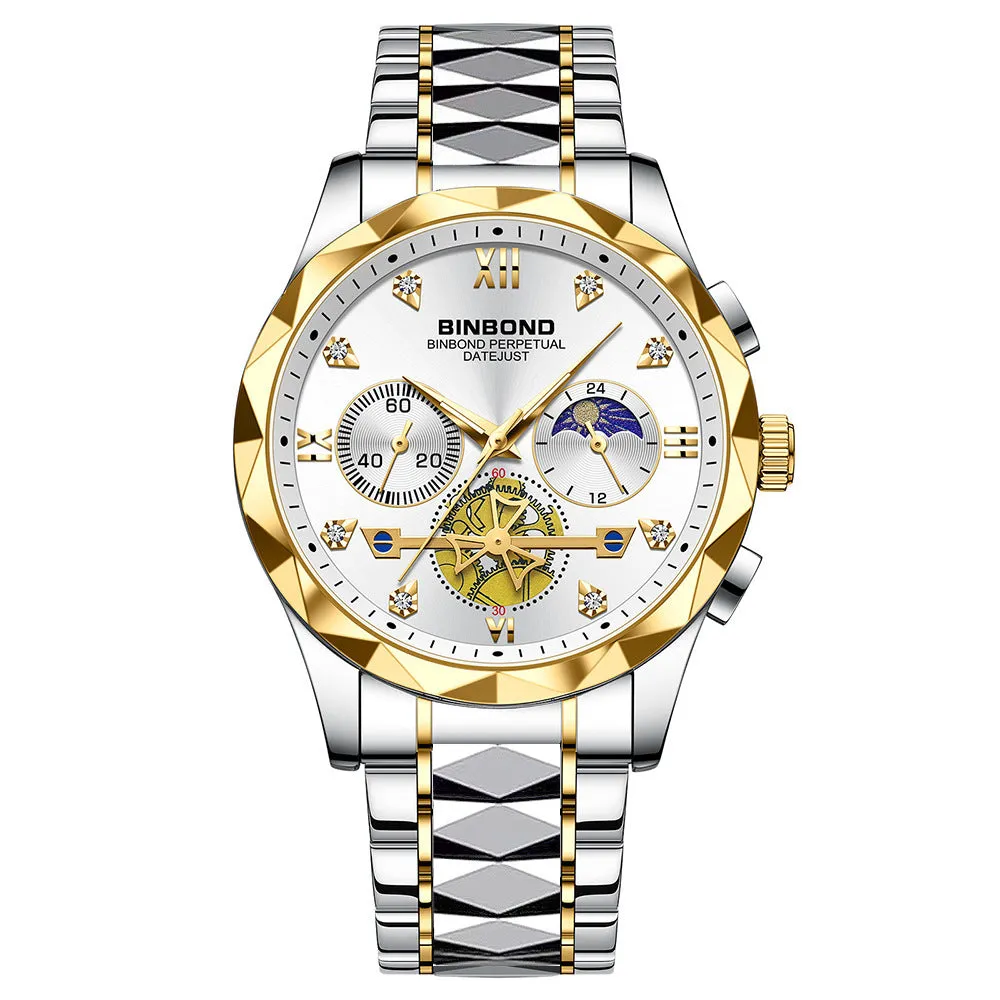 Men's casual quartz watch with round stainless steel case and strap, white dial, black bezel, 11mm thick