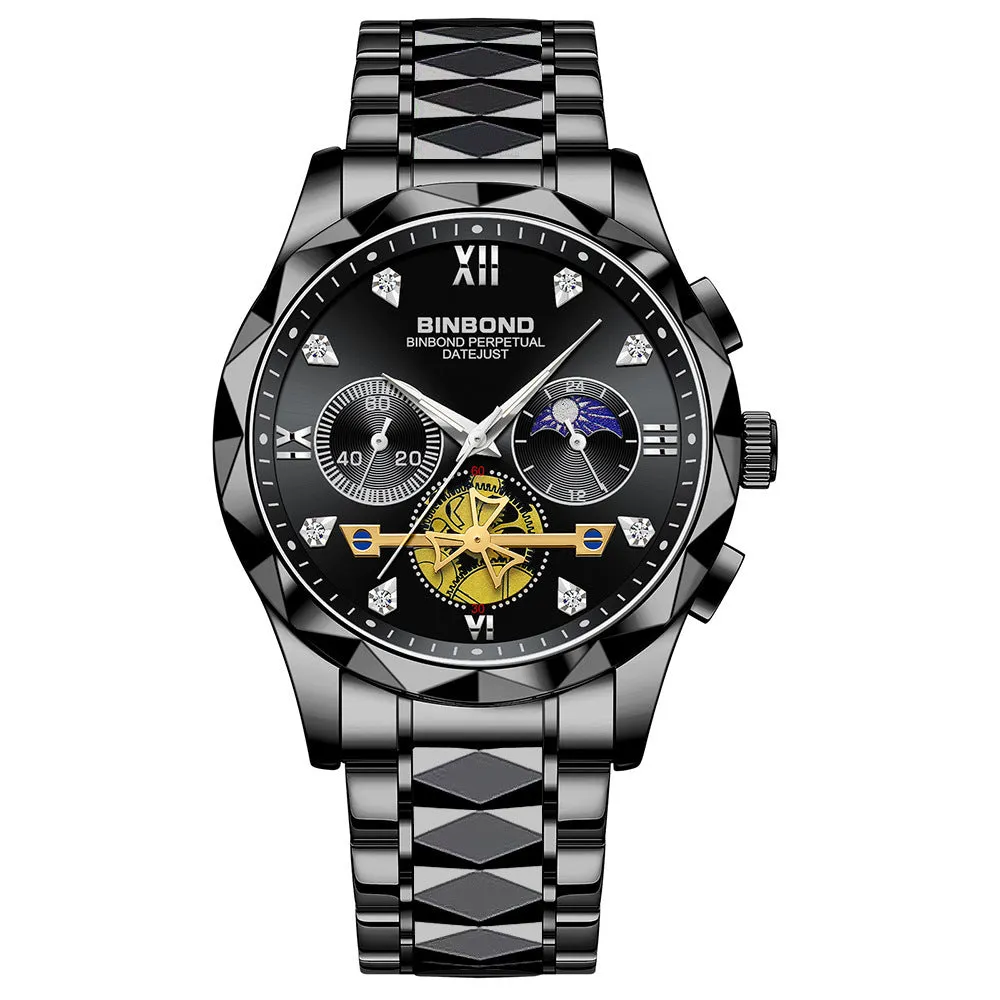 Men's casual quartz watch with round stainless steel case and strap, white dial, black bezel, 11mm thick