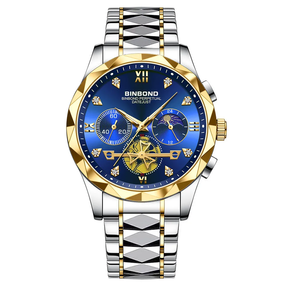 Men's casual quartz watch with round stainless steel case and strap, white dial, black bezel, 11mm thick